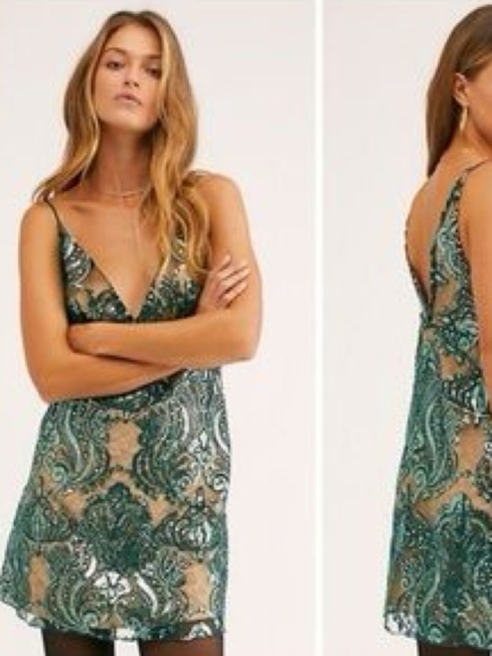 Free People Night Shimmers Mini Dress Green Sequin V-Neck Slip Party Dress
